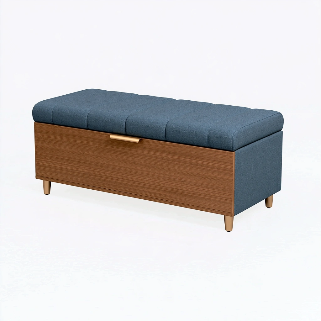 Panca contenitore 120 x 40 x 48 cm in tessuto blu e legno marrone - imbottita con vano portaoggetti