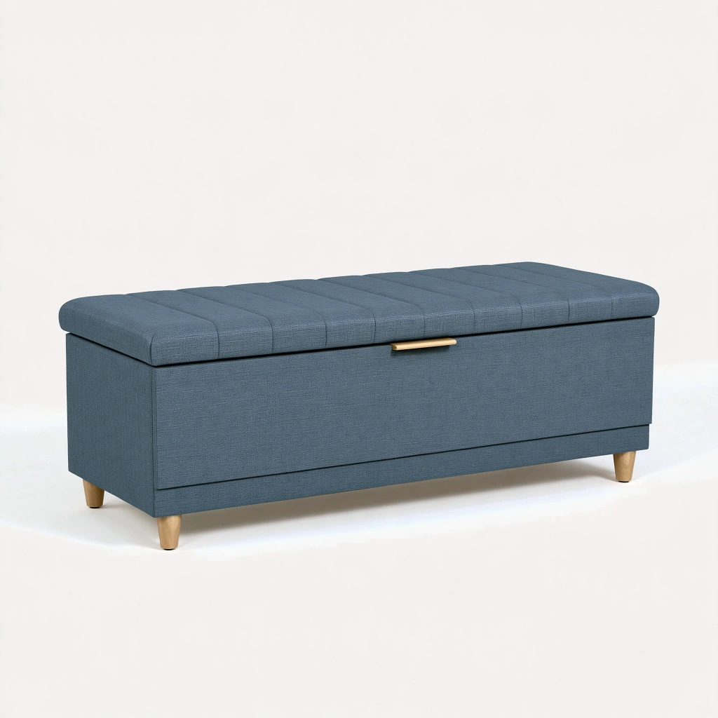 Panca contenitore 120x45x45 cm in tessuto blu con gambe in legno - imbottita