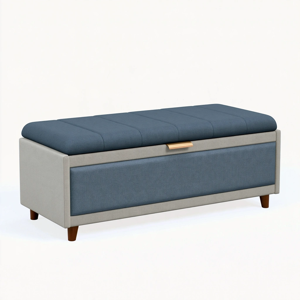 Panca contenitore 120 x 45 x 48 cm in tessuto blu e grigio con seduta imbottita