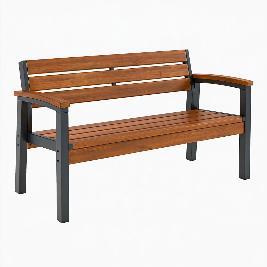 Panca da giardino 120 cm in legno e metallo marrone nero con schienale e braccioli