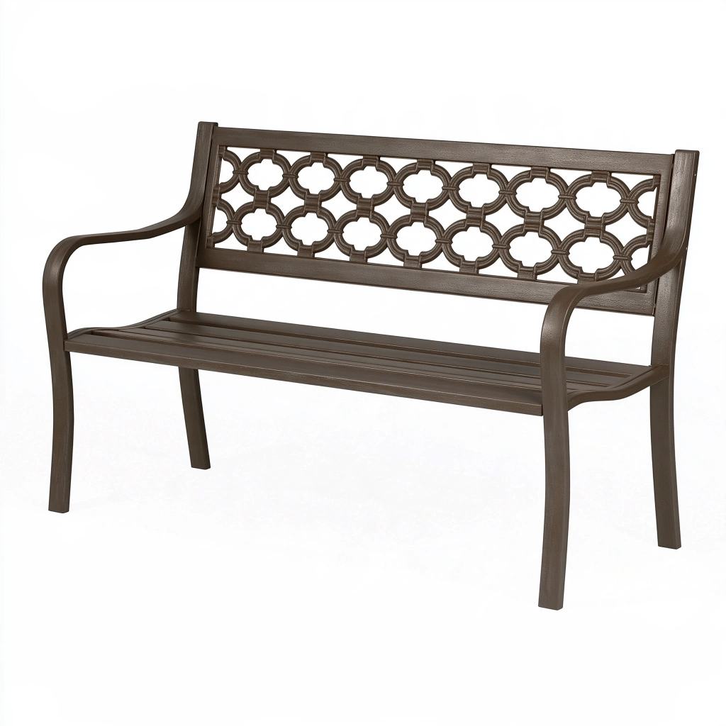 Panca da giardino 120 cm in plastica marrone stile classico con schienale decorativo
