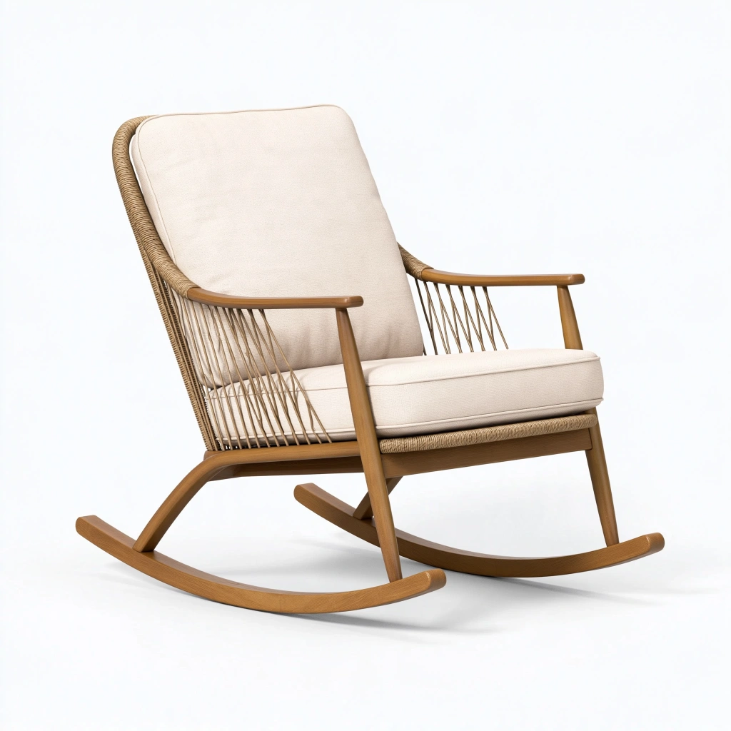 Sedia a dondolo 68 x 102 x 98 cm in legno marrone con rivestimento beige stile naturale