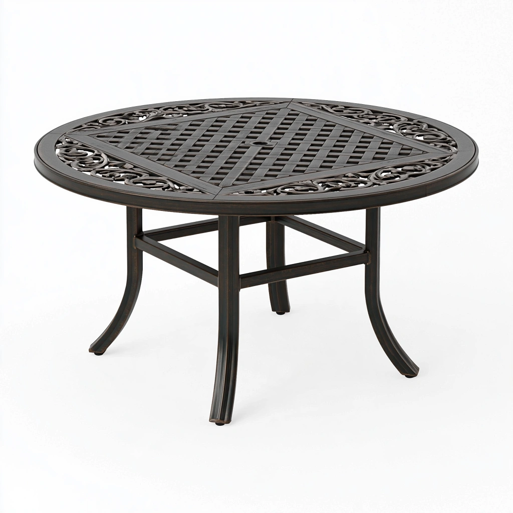 Tavolo da giardino rotondo Ø106 cm in metallo nero con foro per ombrellone